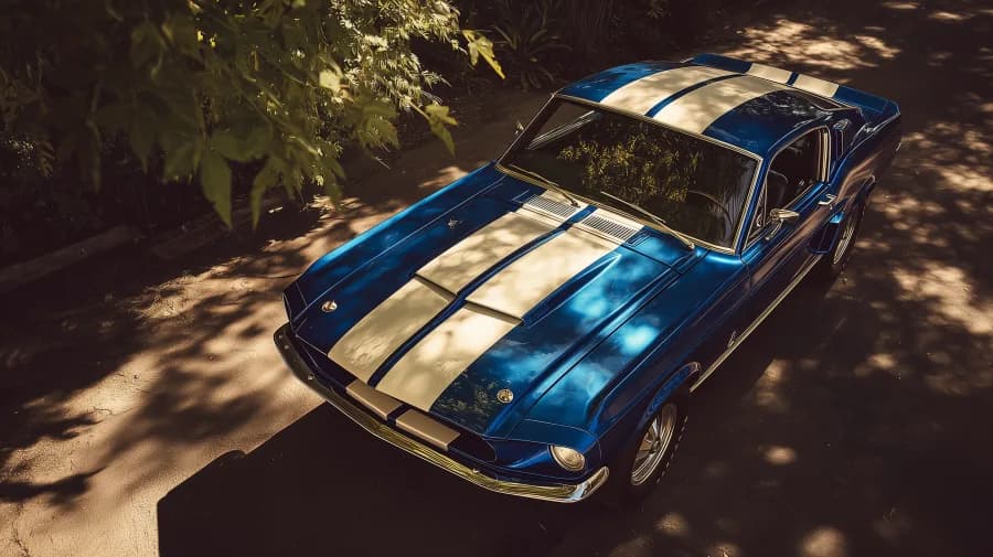 A high-angle shot of a classic American muscle car, parked on a clean, sunlit asphalt surface beneath large, vibrant gre