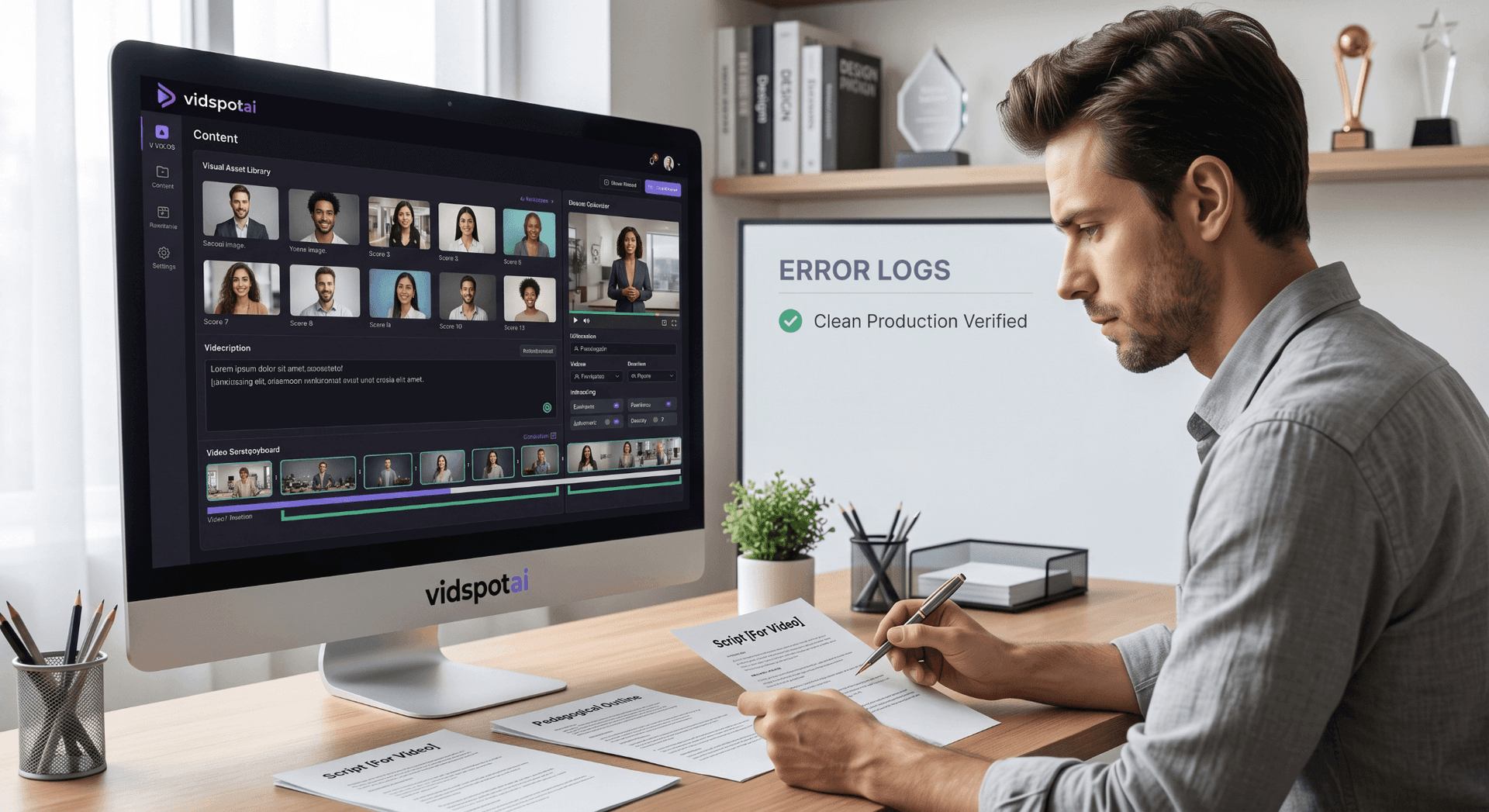 A person reviewing a training video production checklist and error logs at a desktop workstation